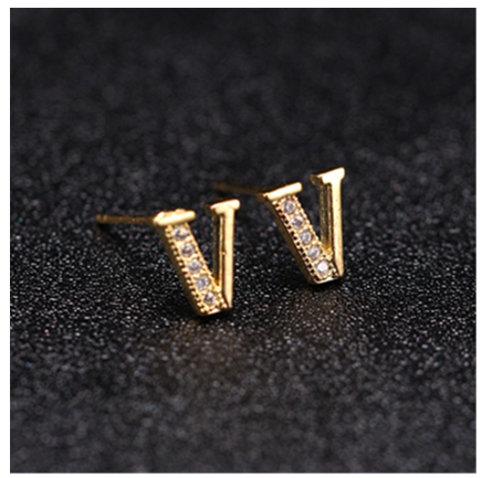Ins Gold Plated Diamond Earrings Korean letter inlaid Zircon Earrings Fashion Earrings V