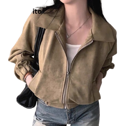 Lovito Women Casual Plain Zipper Jacket LNE30129 (Brown)