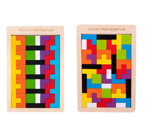 Wood Intelligence Wooden Tetris Blocks Puzzle Toy Jigsaw Intelligence Colorful 3D Blocks Game Educat