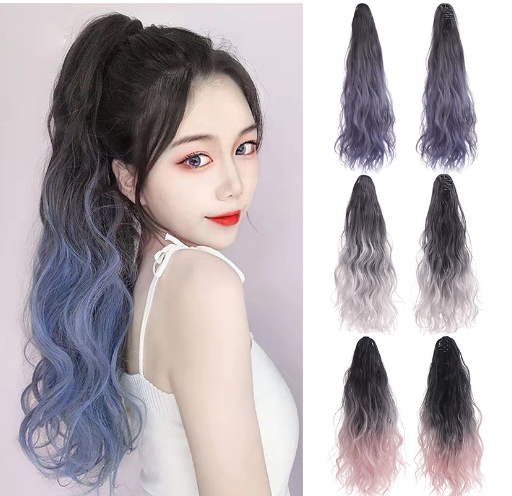 Long Curly Gradient Color Ponytail Wig Women Hair Wig Claw Clip Hair Extensions Wavy Hairpiece