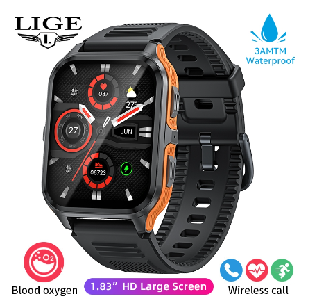 LIGE Smart Watch Original Bluetooth Call 1.83-inch Full Screen Touch Blood Pressure Heart Rate Monitor SmartWatch For Android and IOS BLACK ORANGE