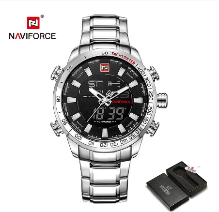 Naviforce NF9093 MenLuxury Chrono Sport Brand Military Waterproof El Backlight Digital Wristwatches SILVER