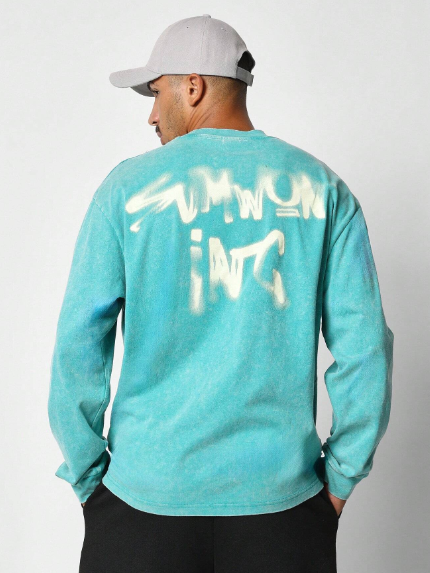 SUMWON Washed Long Sleeve Tee With Blurry Graphic Print Front & Back