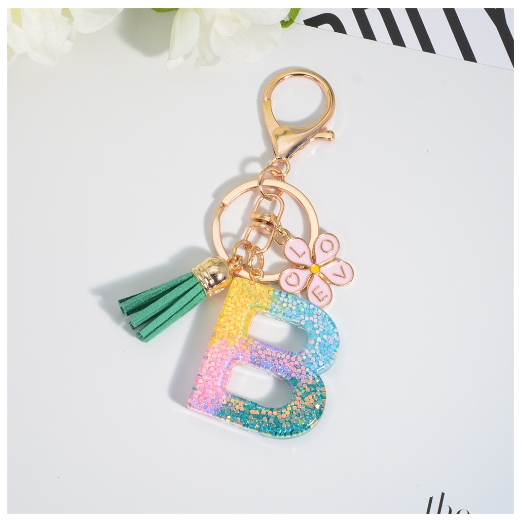 Fashion 26 Letter Resin Keychain A-Z Round Sequins Filled Alphabet Flower Pendant Keyring with Tassel Bag Ornament Accessories B