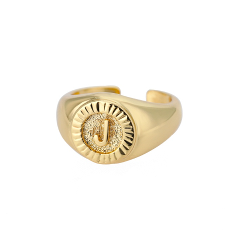 Maxzone Vintage Initial Letter Signet Rings For Women Stainless Steel Ring Round Opening Gold Letter Ring Aesthetic Wedding Jewelry Gift J
