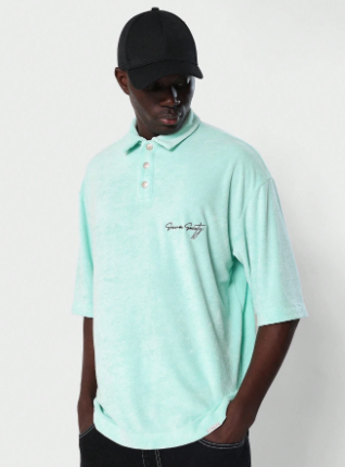 SUMWON Oversized Fit Towelling Polo Shirt With Embroidered Letter Design