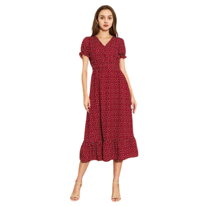 Lovito Elegant Polka Dot V Neck Good Drape Dress L25ED078 (Red)