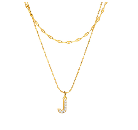 Vnox Double Layered Letter Initial Pendant Necklace,Gold Plated Shiny Zircon Alphabet Charm Necklace for Women J