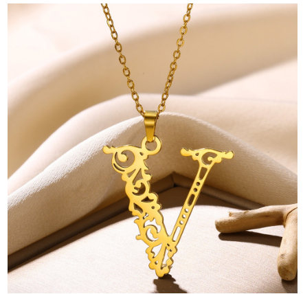 Initial Necklace for Women Men Girls Boys Gothic 18K Gold Plated 26 Letters Pendant Necklace Chain with Extension V