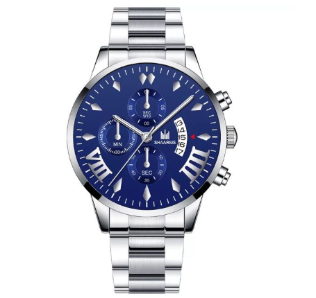 Fashion Men's Automatic Calendar Stainless Steel Analog Watch Business Waterproof Casual Men Quartz Wristwatches Relo Ng Kalalakihan SILVER BLUE