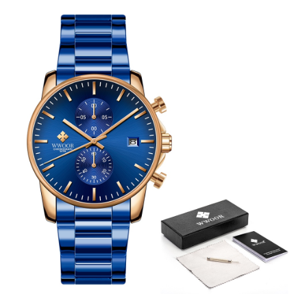 Wwoor Sports Watches Mens Luxury Brand Stainless Steel Quartz Watch Chronograph Date Wristwatch Business Male Watch ROSEGOLD BLUE