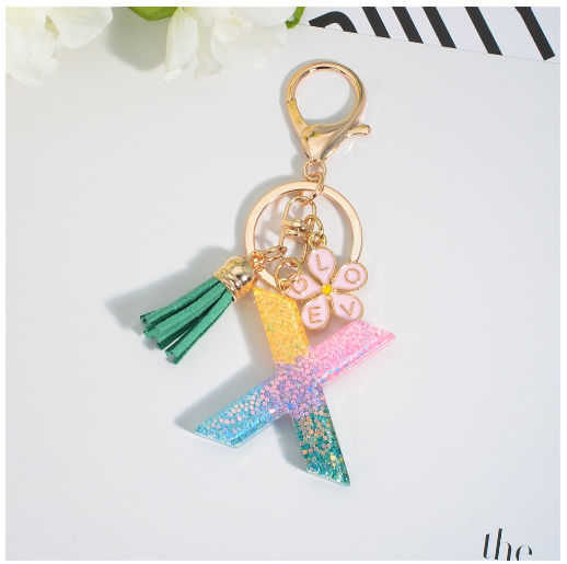 Fashion 26 Letter Resin Keychain A-Z Round Sequins Filled Alphabet Flower Pendant Keyring with Tassel Bag Ornament Accessories X