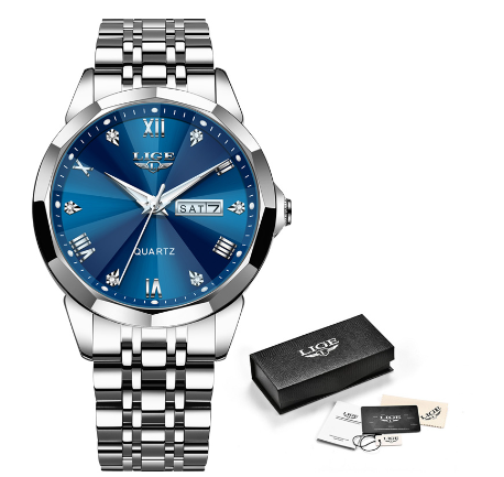 LIGE Steel Watch For Men Classics Design Full Calendar Chronograph Relo Couple Waterproof Business Wristwatch SILVER BLUE