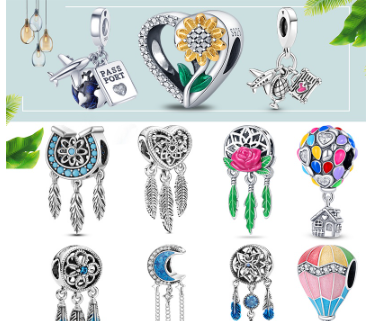 925 Sterling Silver Blue Dreamcatcher Charm Heart and Sunflower Beads