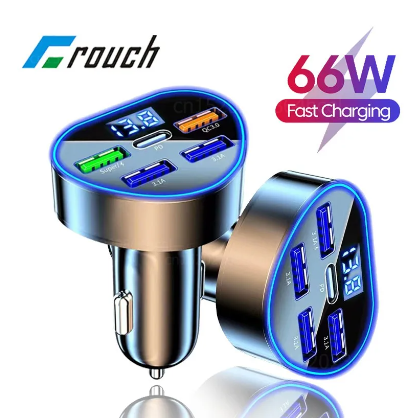 5 Ports 66W Car Charger Digital Lighter Fast Charging QC3.0 PD USB Type C Car Phone Charger for iPhone Xiaomi Samsung Huawei