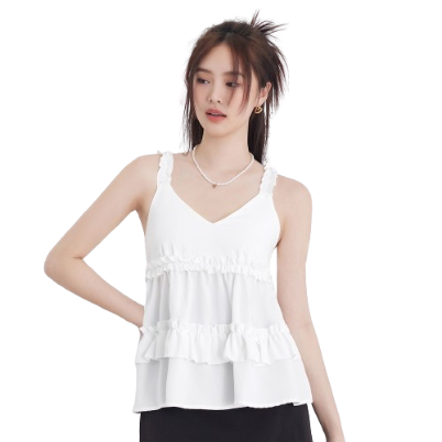 Lovito Women Lettuce Trim Ruffle Hem Tank Top L58Ad008 (Off White)