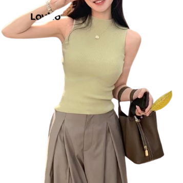 Lovito Women Casual Plain Rib Knit Cold Shoulder Basic Tank Top LNE37367 (Green)