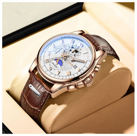 LIGE New Watch Men's Fashion Leather Waterproof Full Calendar Chronograph Watches Military Sports Quartz WristWatch ROSE WHITE