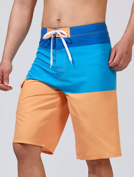Men's Casual Color Block Swimming Running Sports Surfing Drawstring Shorts For Summer Beach Vacation