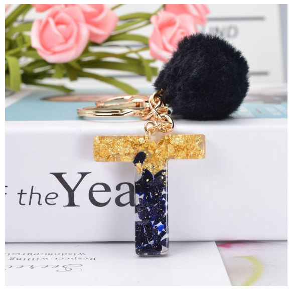 Lanfy Black Pompom Letter Keychain 26 Letter Initials Alphabet A To Z 26 Alphabet Keyring Cute A To Z 26 Black Pompom Resin Birthday Gifts T