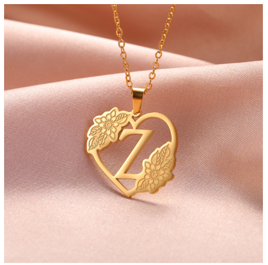 A-Z Initial Flower Necklace Women Stainless Steel Letter Heart Pendant Necklace Choker Z
