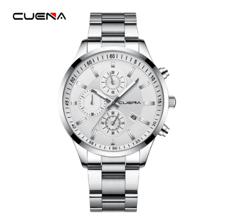 CUENA Original Men's Watches Stainless Steel Fashion Luxury Casual Business Quartz Analog Waterproof Watch SILVER WHITE