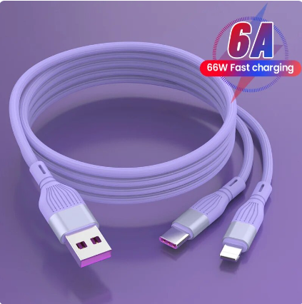6A Usb Type-C Data Cable Super Fast Charging Cable One Drag Two Silicone Data Cable for Huawei Samsung Xiaomi Micro Usb + Type-C