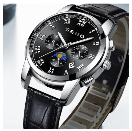 SENO Fashion Luxury Men's Watch Stainless Steel Casual Wristwatches Quartz Movement 30M Waterproof Calendar Original Watch BLACK LEATHER