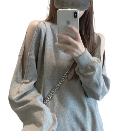 Lovito Women Casual Plain Cold Shoulder Zipper Sweatshirt LNA35067 (Grey)