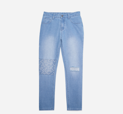 Penshoppe Ripped Slim Fit Jeans With Laser Print Blocking For Men (Light Blue)