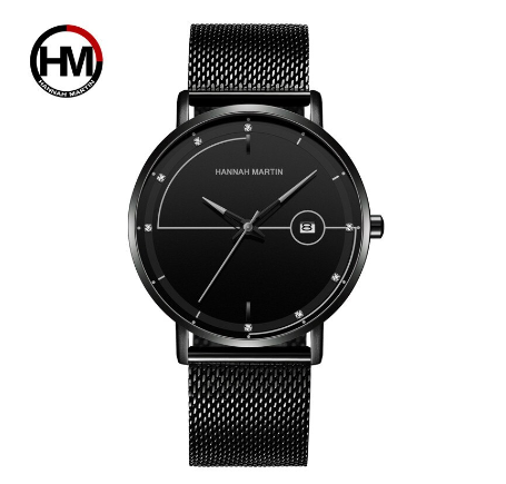 Hannah Martin Mens Watch Simple Design Quartz Watches Stainless Steel Mesh Ultra-Thin Calendar Wristwatch BLACK
