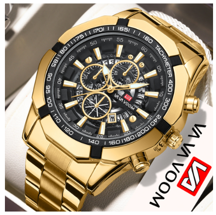 VA VA VOOM Luxury Men's Watch Hollow Out Design Watches Calendar Luminous Function Waterproof Quartz Wristwatch For Men GOLD BLACK