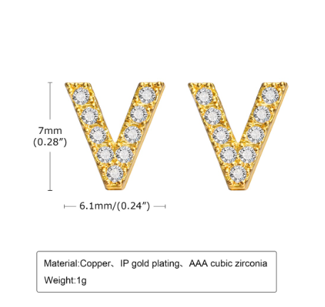 Vnox Gold Zircon Cubic Letter Stud Earrings,Initial Alphabet Small Hypoallergenic Earring One Pair V