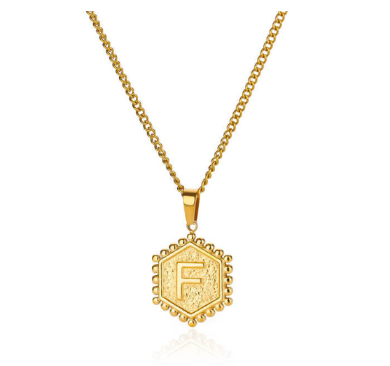 Fashion Hexagon A-Z Letter Necklaces For Women Stainless Steel Initial Hexagon Pendant Necklace F