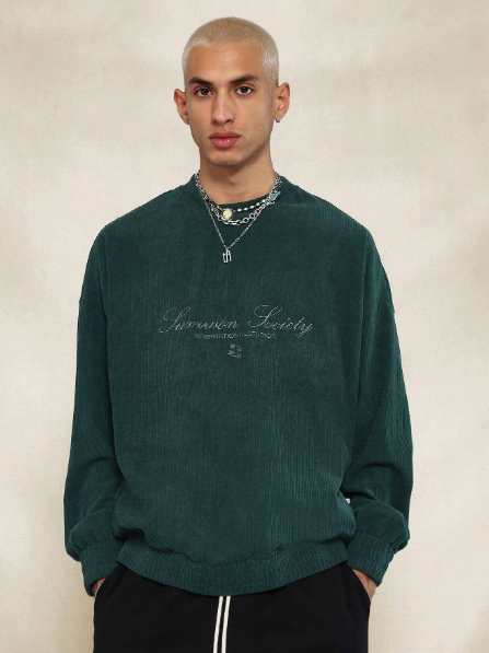 SUMWON Oversized Fit Textured Side Pocket Sweatshirt With Embroidery Design