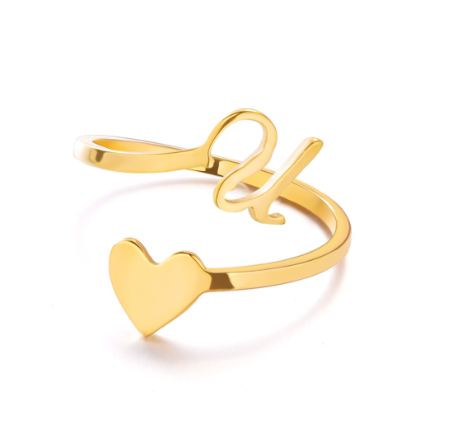 Gold Stainless Steel A-Z Rings Initial Letters Heart Rings Women Fashion Non Fading Jewelry Adjustable U