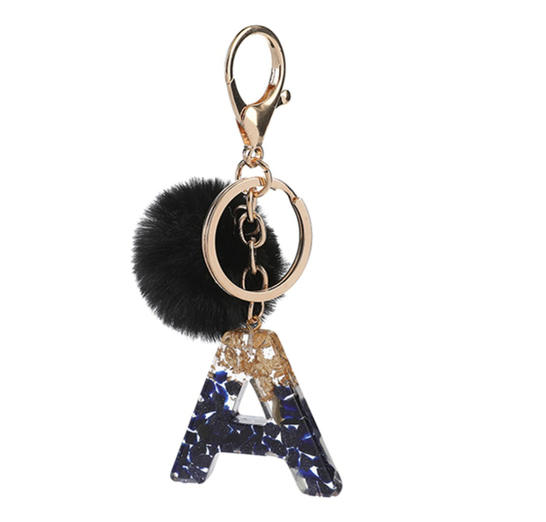 New Black Pompom 26 English Alphabet Resin With Gold Foil Keychain Charms Exquisite Letter Keyring A
