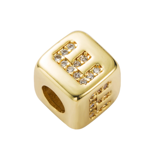 Gold Rhinestone Letters Cube Charm for Bracelet Necklace A-Z Alphabet Dice Beads E