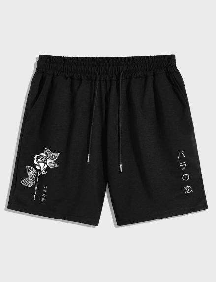 Manfinity Hypemode Loose Fit Men's Floral & Japanese Letter Printed Shorts With Drawstring Waist