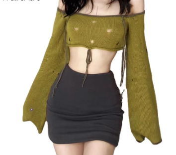 New Design Off Shoulder Hollow Lace Up Long Sleeve Knitted T-Shirts