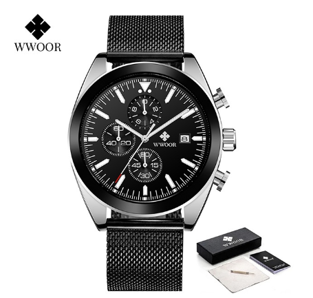 Wwoor New Fashion Men Watches Top Brand Luxury Blue Chronograph Full Steel Waterproof Quartz Sports Watch BLACK SILVER COMBINATION