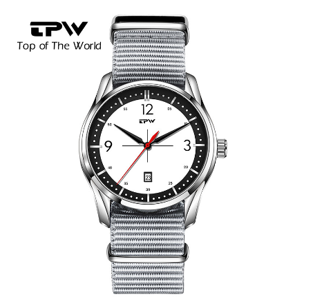 TPW Men Watch Fabric Strap Wrist Watches White Dial Date Window Calender Quartz Watch GRAY