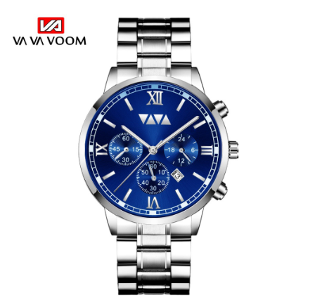 VA VA VOOM Fashion Men's Watches Top Brand Luxury Business Watch Calendar Waterproof Leather Quartz Watch SILVER BLUE