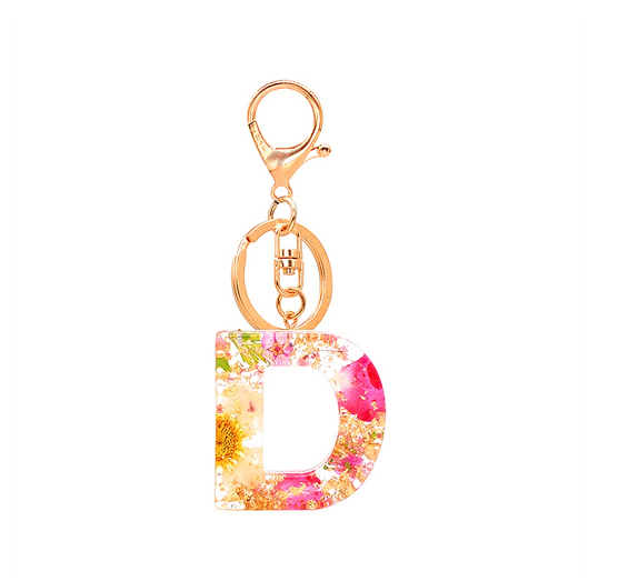 A-Z 26 Letter Pendant Keychains Resin Dried Flower Alphabet Keyring Charm Women Cute Bag Ornamant Accessories Gifts D