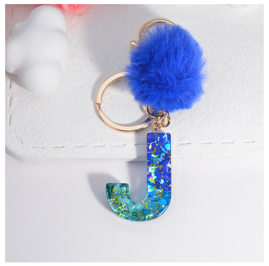Exquisite Blue Pompom A-Z 26 Letter Keychain Glitter Heart Sequin Filled Initials Keyrings Bag Accessories Charm Car Keyholder J