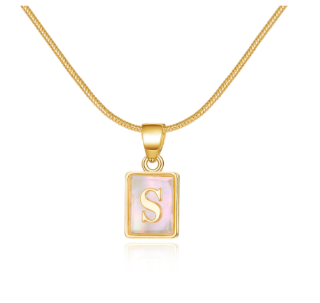 18K Gold 26 Letter Square Pearl Shell Pendant Snake Bone Chain Glow Necklace English Letter Pendant Necklace Gold Shiny S