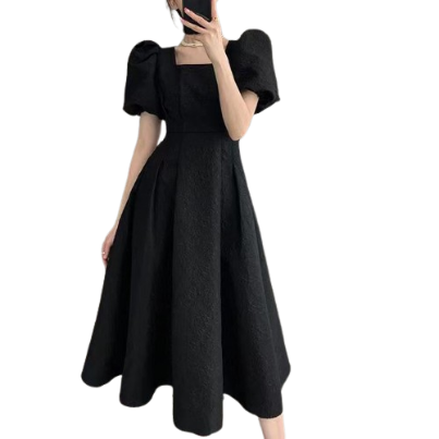 Lovito Women Elegant Plain Pleated Dress LNA35064 (Black)