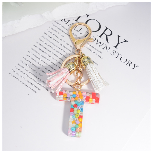 Colorful Beades Filled A-Z 26 Letter Keychains For Women Fashion Initials Keyring With Tassel Bag Pendant Accessories Souvenir T