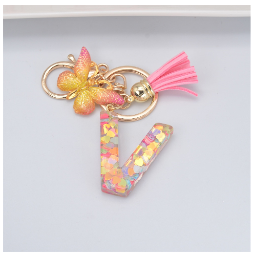 Exquisite 26 Letter Resin Keychain with Pink Tassel Gradient Butterfly Pendant Key Ring Women Bag Ornaments Accessories V