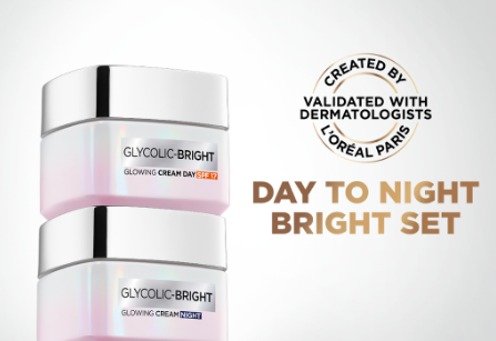 LOreal Paris Glycolic Bright Glowing Day and Night Cream Skincare Set (15mL)- Brightening Dark Spots